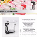 Copo Medidor INTELIGENTE 3 em 1  a bateria, Mede Peso, Volume e Temperatura