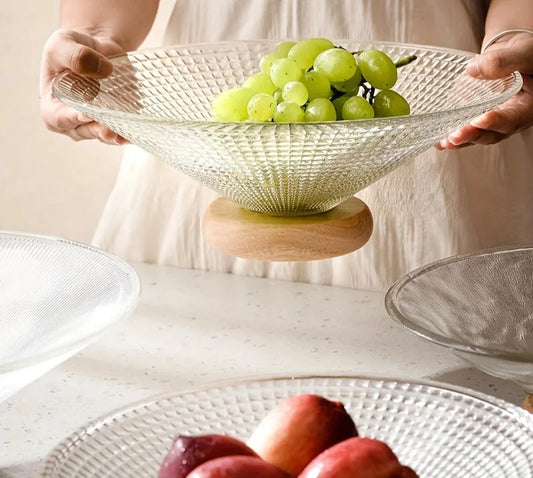 Prato de Frutas em vidro com base de madeira Decorativo para Mesa Posta